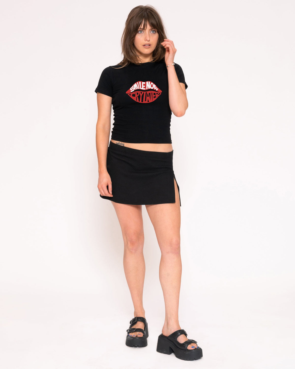 Smile More, Cry Later Black Longline Baby Tee