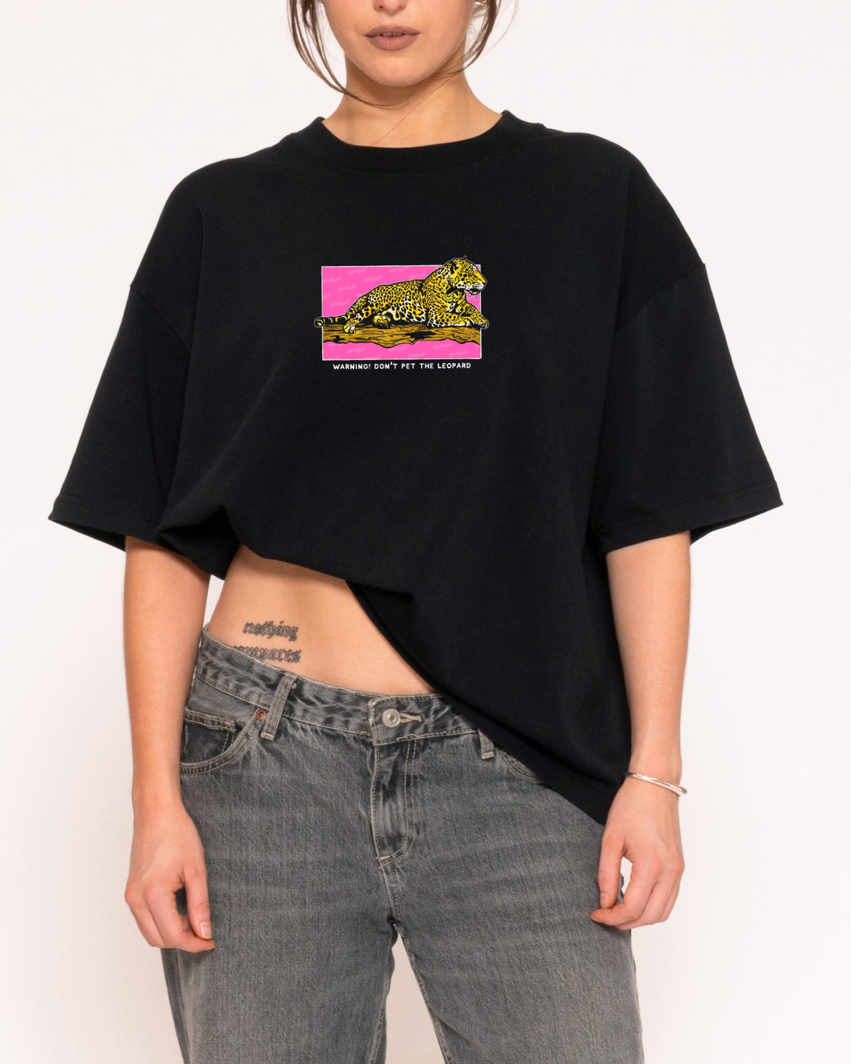 Warning! Don't Pet The Leopard Black Boxy Crop Tee