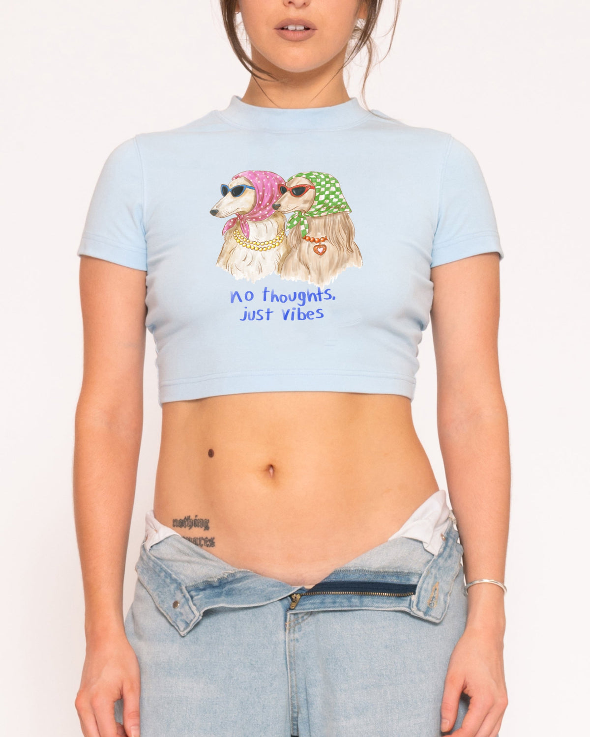 No Thoughts, Just Vibes Blue Baby Tee
