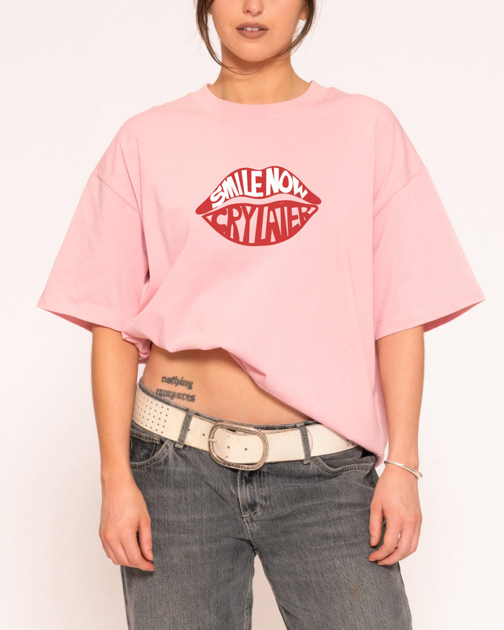 Smile More, Cry Later Pink Boxy Crop Tee